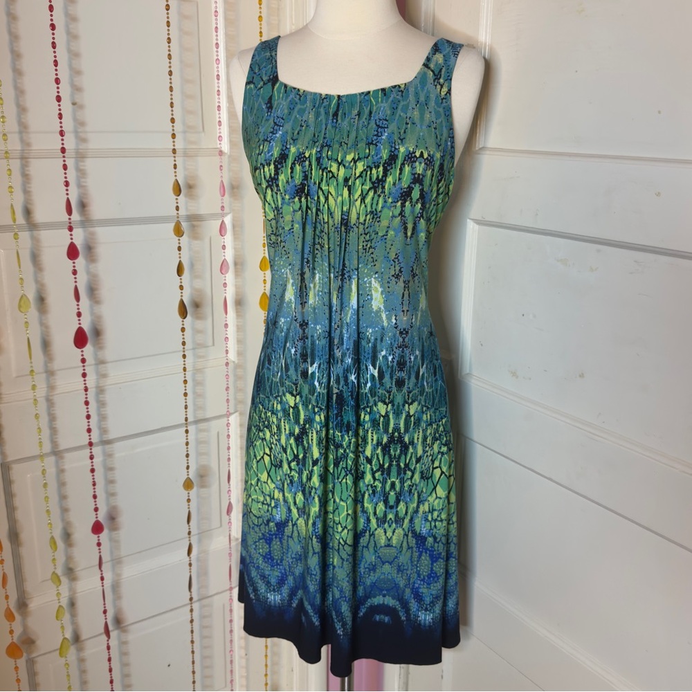 Glamour Blue Green Abstract Print Stretch Dress Size 12 Sleeveless